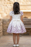 Cream Floral Party Frock with Pink Rose Print & Puff Sleeves For Girls
