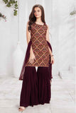 Maroon Embroidered Sharara Set With Sleeveless Kurti For Girls