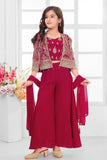 Rani Pink Embroidered Crop Top with Jacket and Palazzo Set For Girls