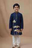Navy Blue Lotus Foil Printed Kurta Set For Boys