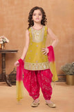 Mustard And Rani Pink Patiala Set With Embroidered Kurti And Dupatta For Girls