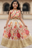 Cream And Red Bloom Floral Lehenga Choli Set For Girls