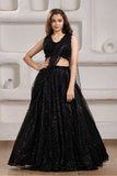 Black Sequin Embroidered Lehenga Set with Net Dupatta For Girls