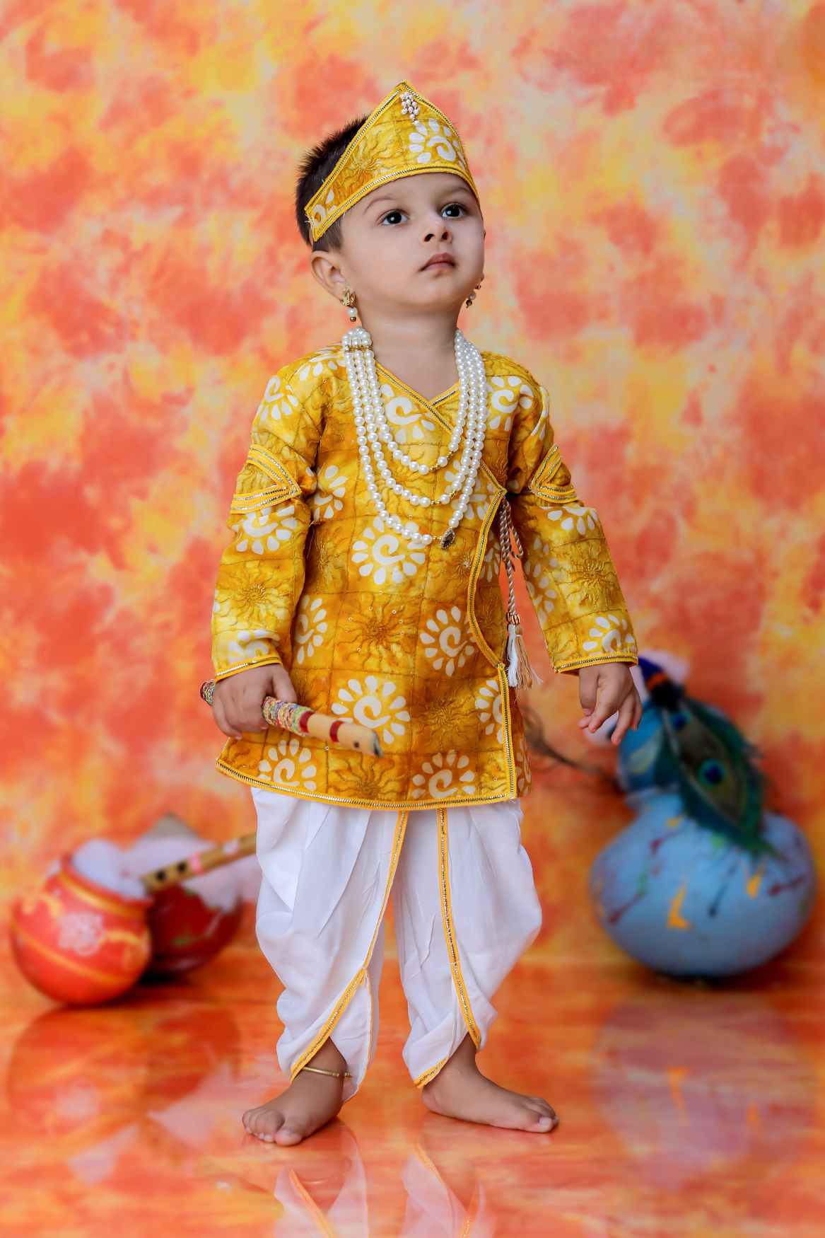 Mustard Krishna Janmashtami Batique Print kurta With Dhoti For