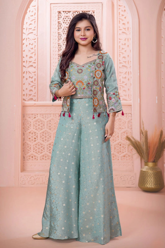 Designer Mint Green Embroidered Palazzo Set with Jacket For Girls