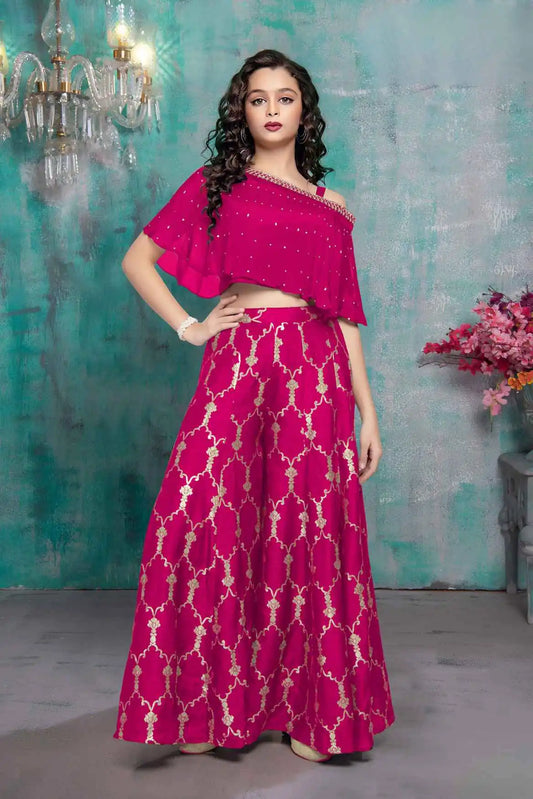 Rani Pink One-Shoulder Cape Top With Gold Foil Print Palazzo Set For Girls
