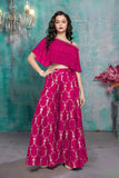 Rani Pink One-Shoulder Cape Top With Gold Foil Print Palazzo Set For Girls