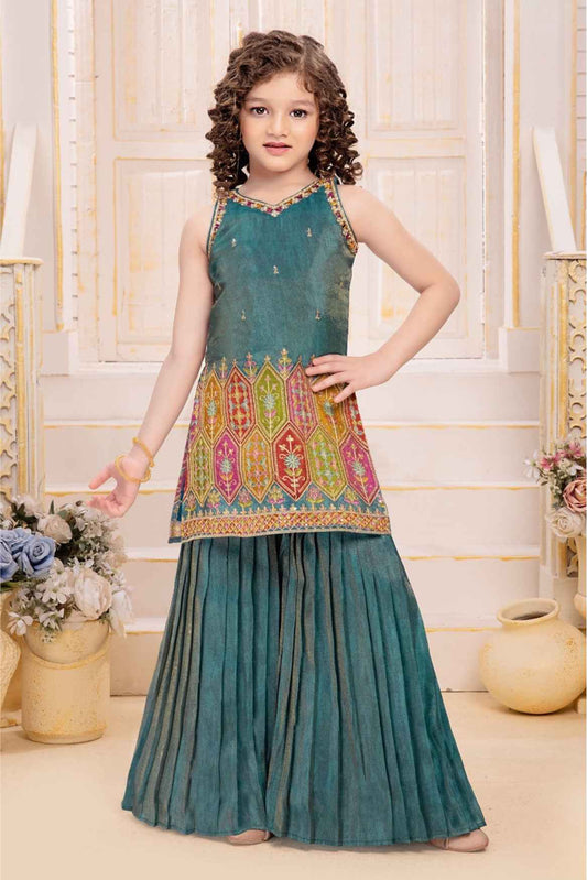 Teal Blue Zari Embroidered And Sequins Palazzo Set For Girls