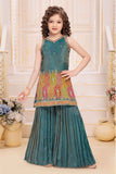 Teal Blue Zari Embroidered And Sequins Palazzo Set For Girls