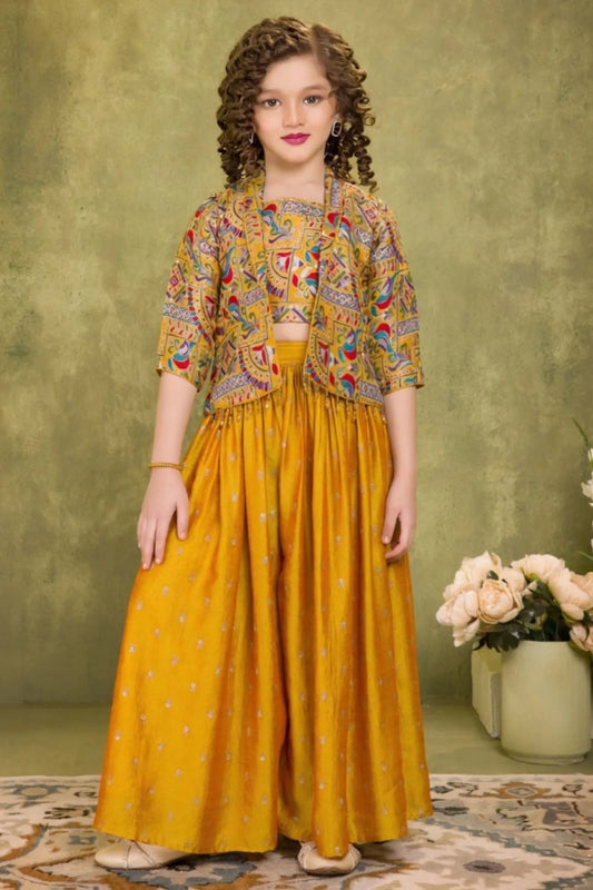 Mustard Yellow Printed Palazzo Set with Multicolor Jacket For Girls
