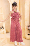 Western Dusky Pink Floral Embellished Top And Palazzo Pant Set For Girls