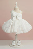 White Party Wear Frock with 3D Floral Appliqué and Bow Accent For Girls