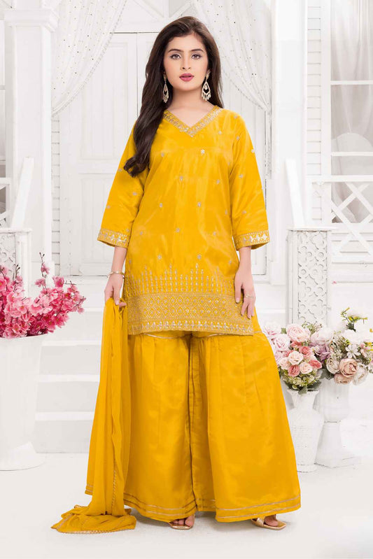Mustard Yellow Embroidered Palazzo Set With Dupatta For Girls