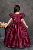 Wine Embellished Party Gown with Oversized Ivory Floral Appliqué For Girls