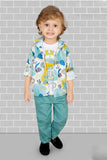 Multicolor Printed Shirt And Teal Blue Pant With White T-Shirt Set For Boys
