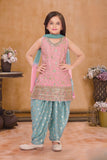 Pink Sleeveless Kurti with Foil-Print Teal Patiala And Dupatta For Girls