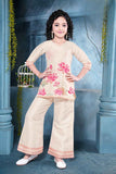 Beige Floral Printed and Sequins Work Palazzo Set For Girls