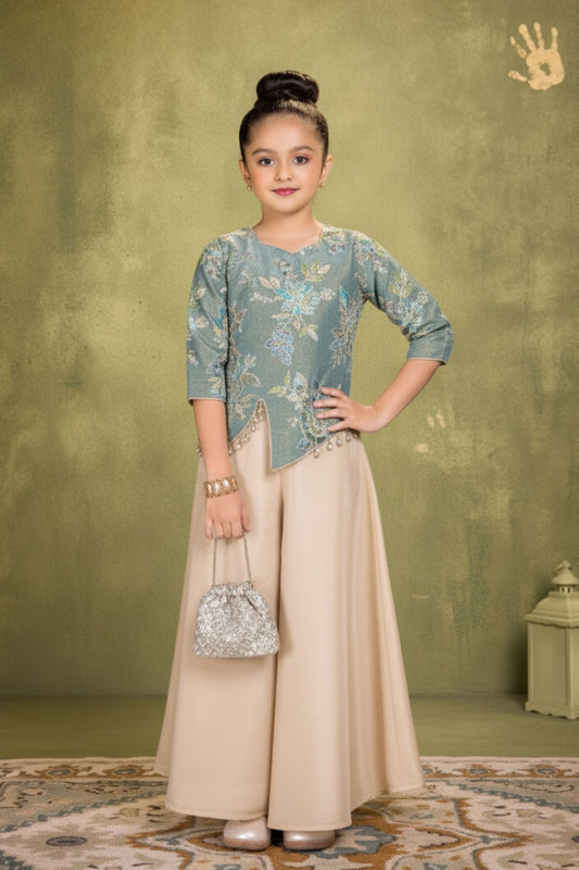 Sea Green Floral Embroidered Palazzo Set For Girls