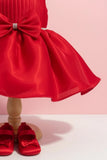 Ruby Red Party Frock with Pleated Bodice and Bow Belt For Girls