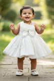 White Party Wear Frock with 3D Floral Appliqué and Bow Accent For Girls