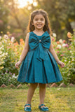Teal Blue Big Bow Party Wear Frock For Girls