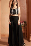 Black Sequin Striped Crop Top And Flowy Palazzo Set for Girls
