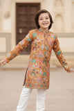 Mustard Printed Ethnic Kurta with White Pyjama Set For Boys