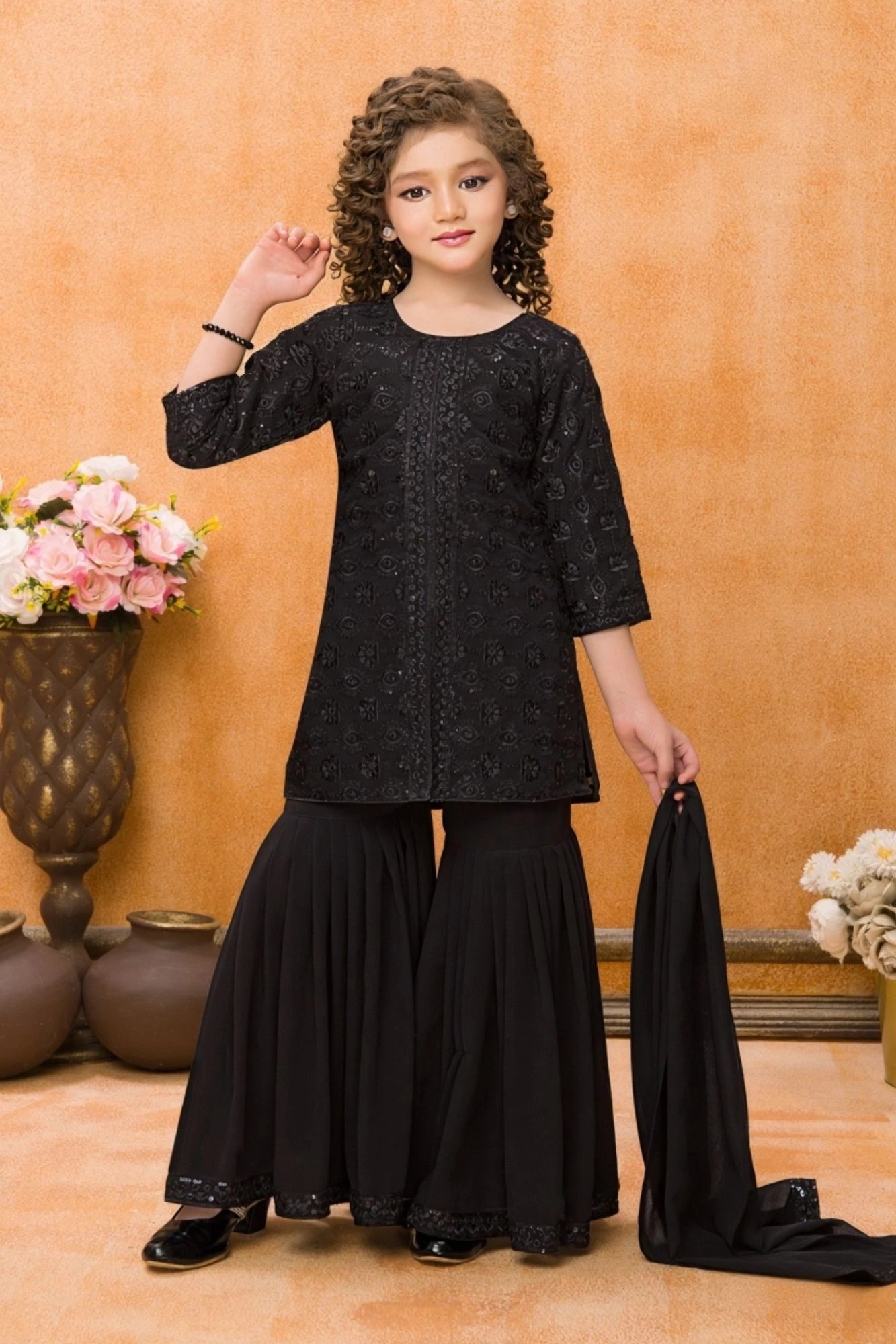 Black Sequins Embroidered Sharara Set For Girls 6-7Y(26) Black Sequins Embroidered Sharara Set For Girls 6-7Y(26)