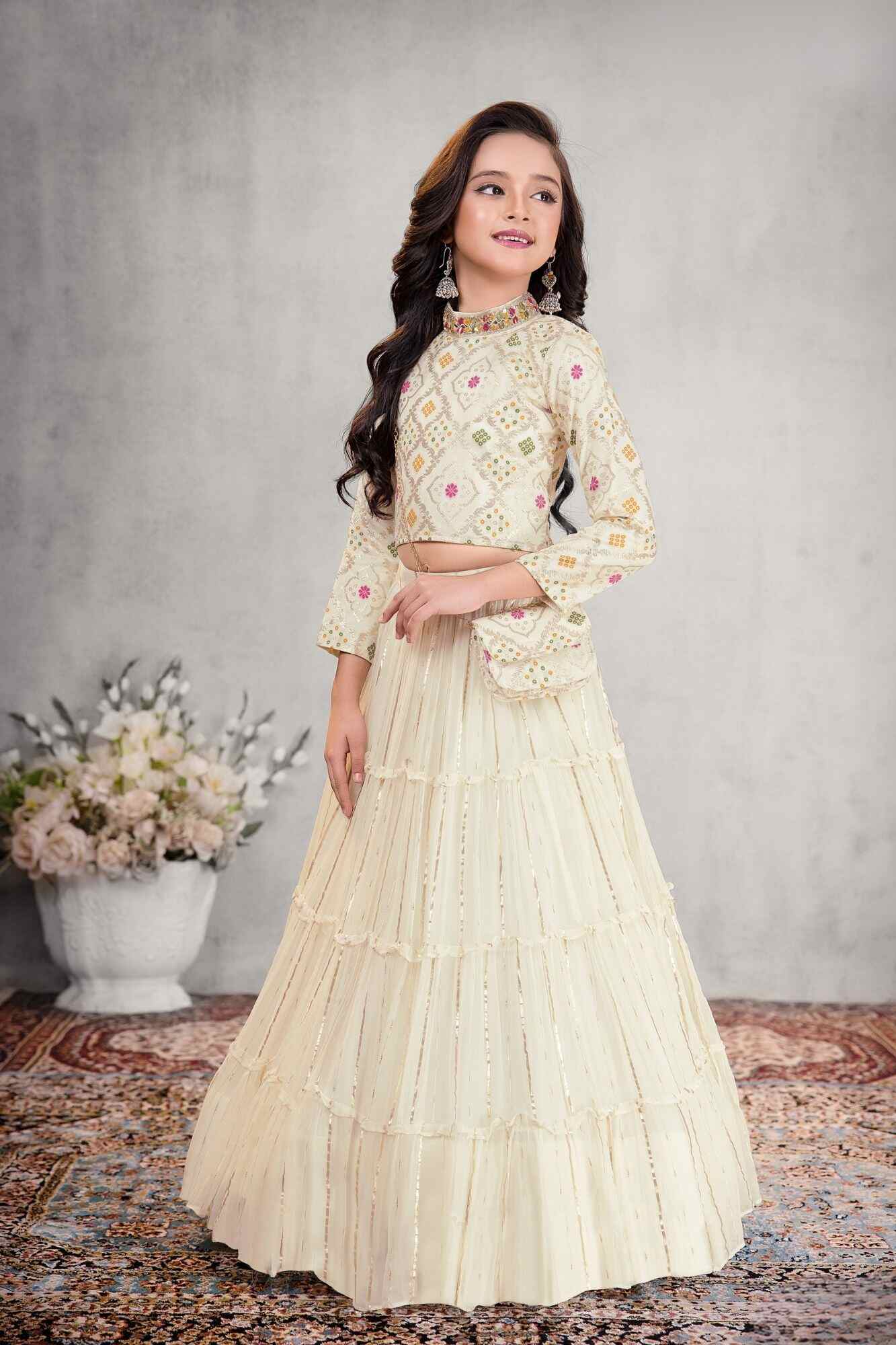 Traditional Ivory With Multicolor Embroidered Full Sleeve Lehenga Choli Set  For Girls