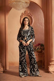 Black Sequins And Embroidered Palazzo Set With Overcoat For Girls