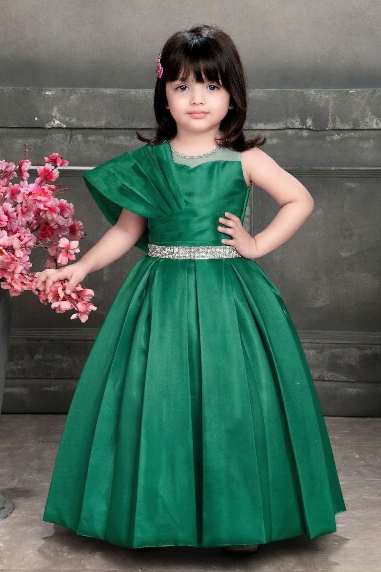 Emerald Green One-Shoulder Party Wear Gown with Embellished Waist Belt – Lagorii Kids