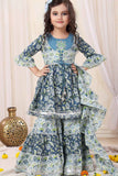 Blue Floral Embroidered And Floral Printed Sharara Set For Girls