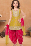 Mustard And Rani Pink Patiala Set With Embroidered Kurti And Dupatta For Girls