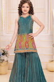 Teal Blue Zari Embroidered And Sequins Palazzo Set For Girls