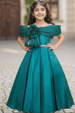 Teal Green Off-Shoulder Pleated Bow Party Gown For Girls