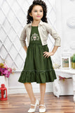 Green Embroidered Dress With Overcoat For Girls
