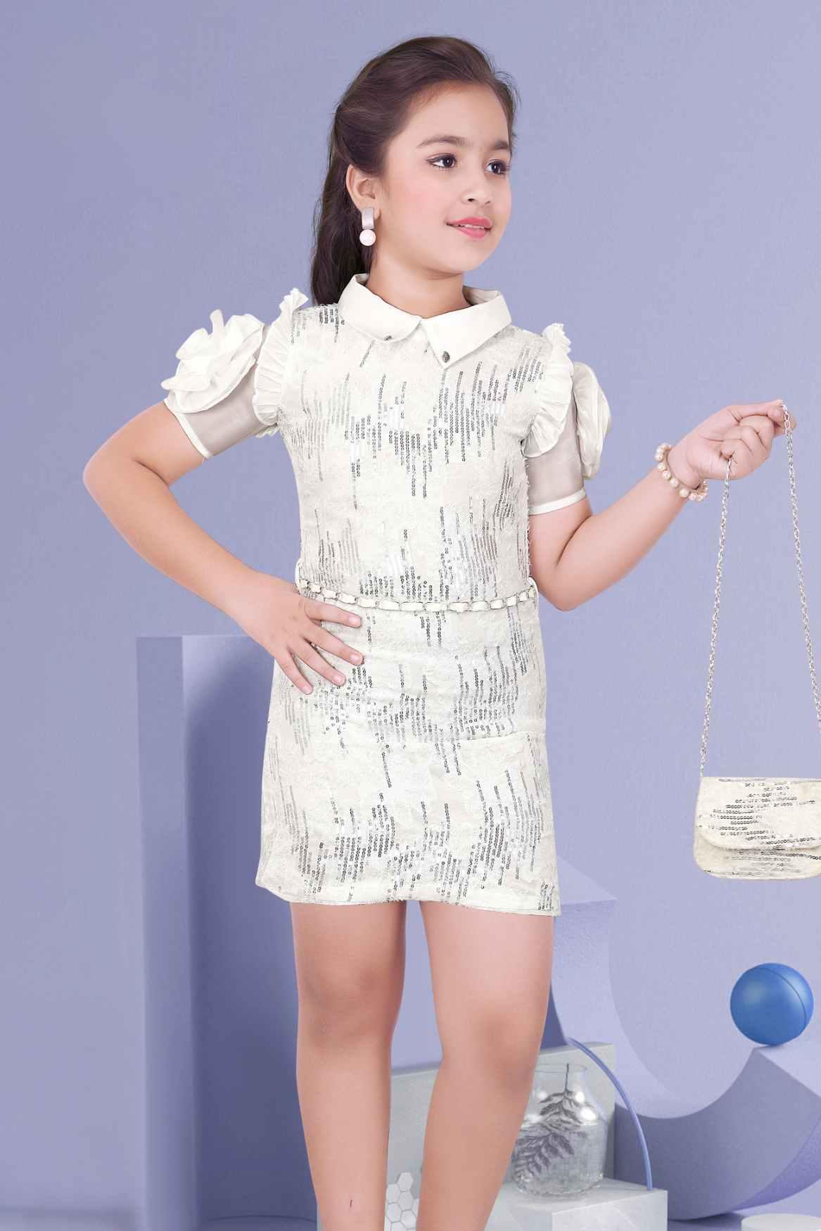 Stylish White Shimmer Party Wear Dress For Girls - Lagorii Kids