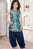 Teal Blue Brocade Kurta With Patiala Bottom For Girls