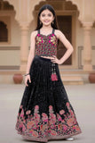 Black Sequin Embroidered Lehenga Choli with Floral Detailing For Girls