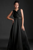 Black Satin Evening Gown with Pleated Overlap Bodice For Girls