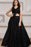 Black Sequin Embroidered Lehenga Set with Net Dupatta For Girls