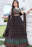 Black and Green Printed Crop Top with Pleated Lehenga and Dupatta For Girls