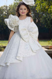 Luxe White Bow And Floral Embellished Party Wear Gown For Girls