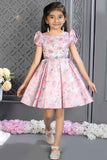 Pink Satin Frock With Floral Printed And Stone Work For Girls