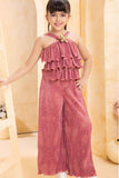 Western Dusky Pink Floral Embellished Top And Palazzo Pant Set For Girls