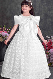 White Party Wear Gown with Statement Bow And Textured Skirt For Girls