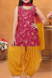 Rani Pink Kurti With Gold Patiala Suit Set For Girls
