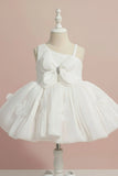 White Party Wear Frock with 3D Floral Appliqué and Bow Accent For Girls