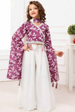 Onion Pink Printed And Sequin Top And White Palazzo Set  For Girls
