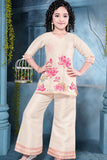 Beige Floral Printed and Sequins Work Palazzo Set For Girls